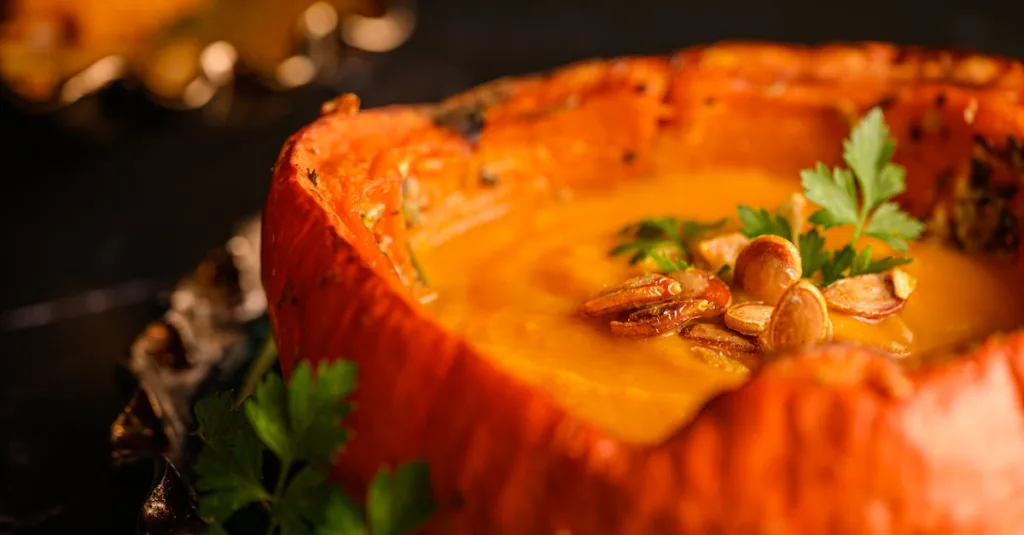 délicieuse soupe de potiron onctueuse, parfaite pour réchauffer vos soirées d'automne avec douceur et saveurs.